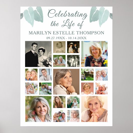 Herdenking 21 Foto Collage Botanisch Hart Bladeren Poster (Voorkant)