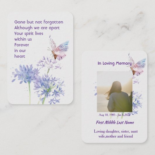 Herdenking Custom Memorial Keepsake Butterfly Visitekaartje (Voorkant / Achterkant)