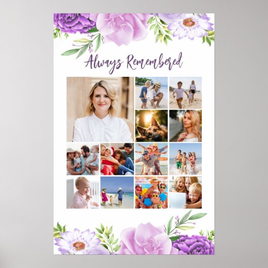 Herdenking Foto Collage Paarse Roze Bloemen Poster (Voorkant)