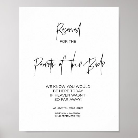 Herdenking gereserveerd ouders van de bruid liefde poster (Voorkant)