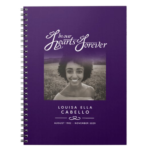 Herdenking harten donker paarse foto notitieboek (Voorkant)