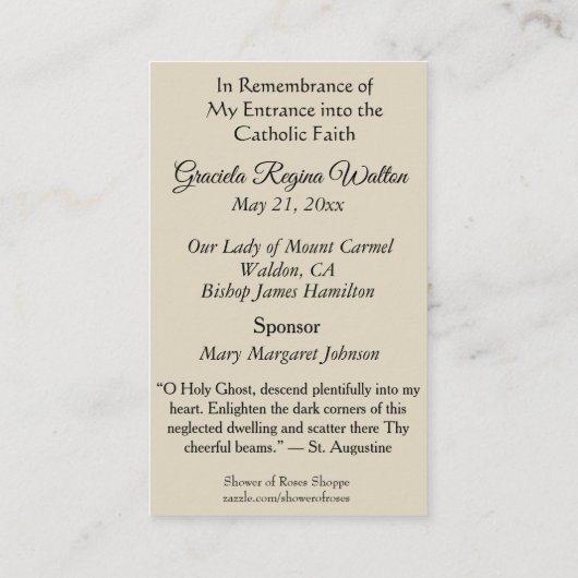 Herdenking Heilige Kaarten Beroep Geloof RCIA (100 Visitekaartje (Achterkant)