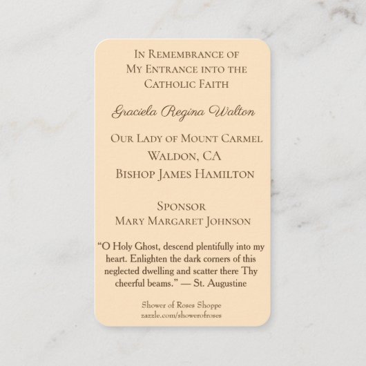 Herdenking Heilige Kaarten Hoogleraar Faith RCIA ( Visitekaartje (Achterkant)