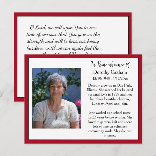 Herdenking Kaart voor begrafenis of gedenkteken (Voorkant / Achterkant)