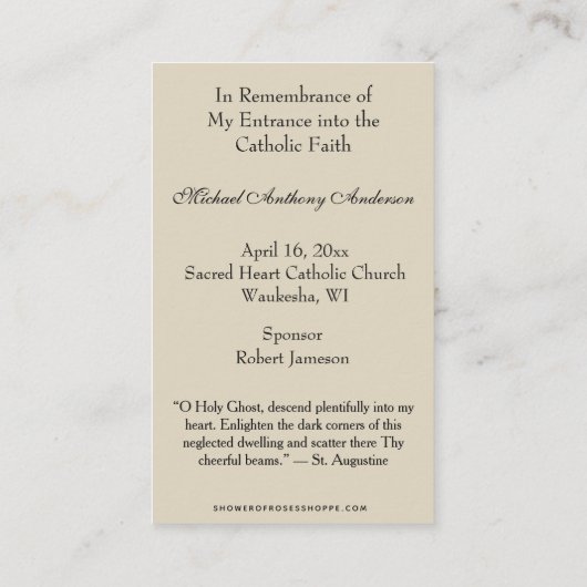 Herdenking katholieke heiligheid van het begin visitekaartje (Achterkant)