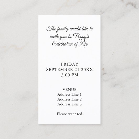 Herdenking Poppy Sky Blue Uitvaartceremonie Kaarte Visitekaartje (Achterkant)