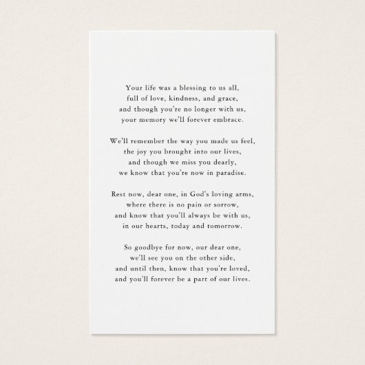 Herdenking van begrafenissen Foto Memorial Prayer  Visitekaartje (Achterkant)