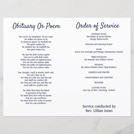 Herdenking van de Funeral Order of Service Program (Achterkant)