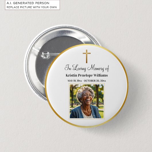 Herdenking van het leven Gouden Kruis Foto Begrafe Ronde Button 5,7 Cm