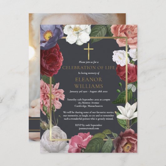 Herdenking van het leven Gouden Kruis Roos Bloemst Aankondigingskaart (Voorkant / Achterkant)