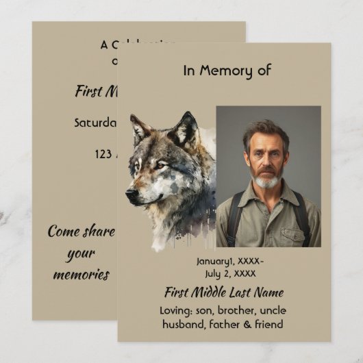 Herdenking van het Leven Herdenkings Wolf Kunst Ui Kaart (Voorkant / Achterkant)