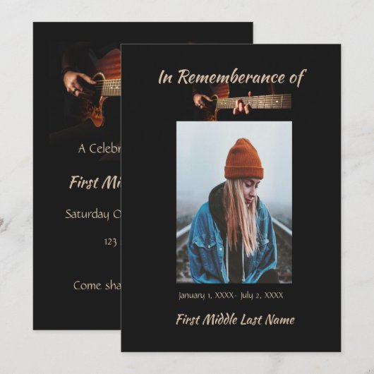 Herdenking van het leven Nodig muziekgitaar uit Kaart (Voorkant / Achterkant)