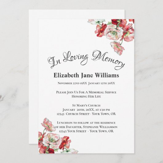 Herdenking van het leven | Poppy Invit Kaart (Voorkant / Achterkant)