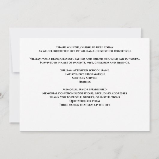 Herdenking van het leven van het geheugen van de b kaart (Achterkant)