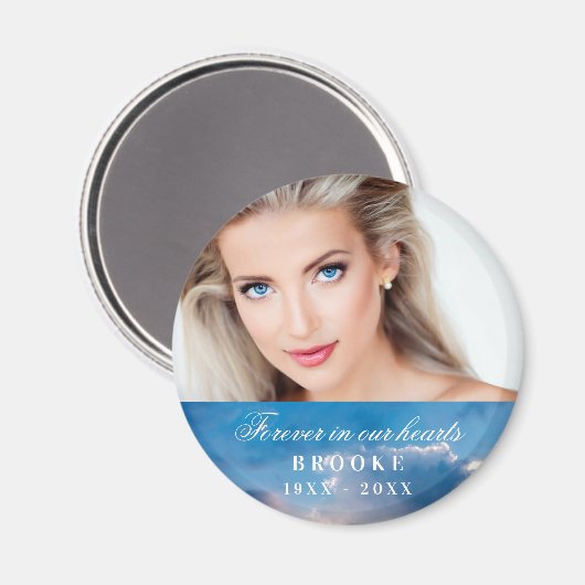 Herdenking voor altijd in ons hart Fotoblauw hemel Magneet (Voorkant / Achterkant)