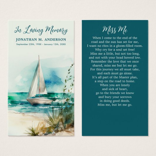 Herdenking Zeilboot Aquarel Rouwkaart Gebedkaart Visitekaartje (Voorkant /achterkant)