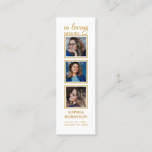Herdenkings- 3 foto gouden rouwgebed bladwijzer mini visitekaartje (Voorkant)