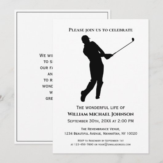 Herdenkings Funeral Golfspeler Zwart en Wit Kaart (Voorkant / Achterkant)