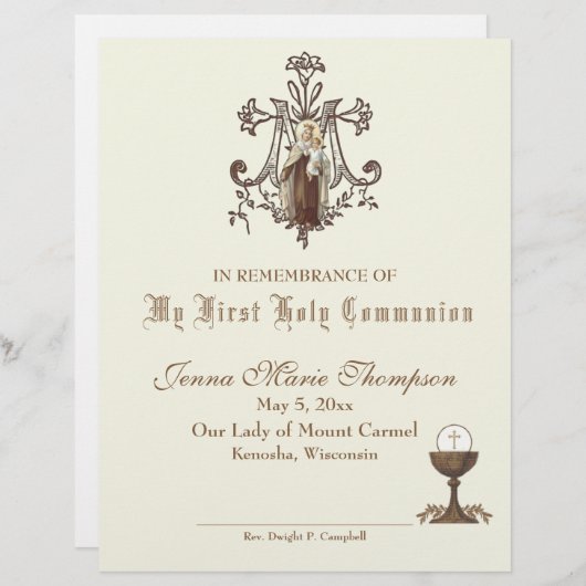 Herdenkingscertificaat katholieke Heilige Communie (Voorkant / Achterkant)
