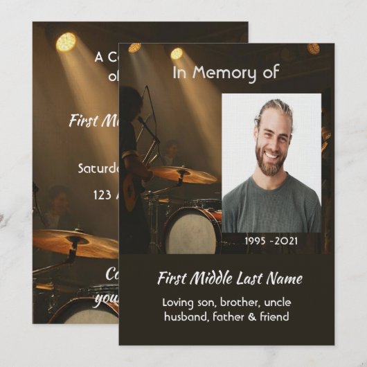 Herdenkingsdienst Drummer Drums Band Kaart (Voorkant / Achterkant)