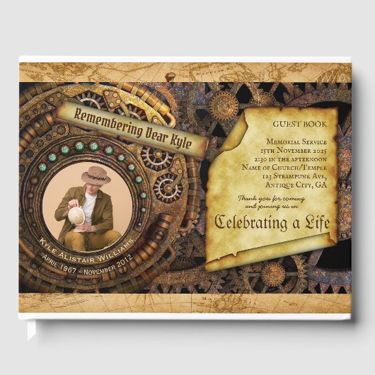 Herdenkingsdienst Steampunk Gear Time Machine Foto Gastenboek (Voorkant)
