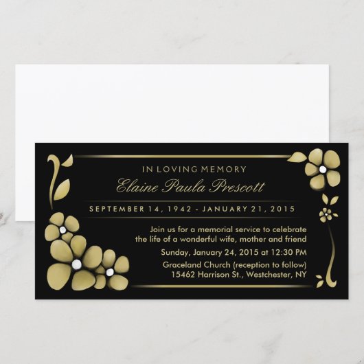 Herdenkingsdienst Uitnodiging - Goud & Zwart Bloem (Voorkant / Achterkant)