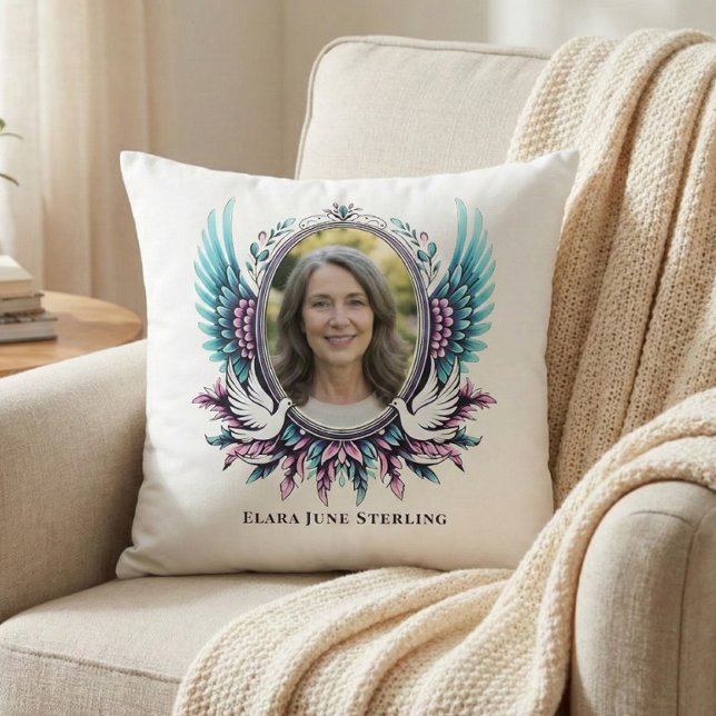 Herdenkingsengelenvleugel met aangepaste foto en g kussen (Personalized Memorial, with Photo for Teal & Purple, Suicide Loss, Throw Pillow)