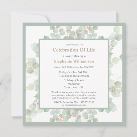 Herdenkingsfeest Funeral Memorial Eucalyptus Kaart (Voorkant)