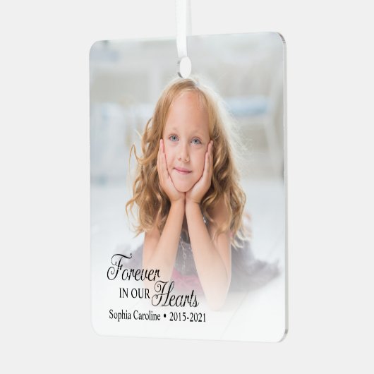 Herdenkingsfoto voor altijd in ons hart metalen ornament (Voorkant links)