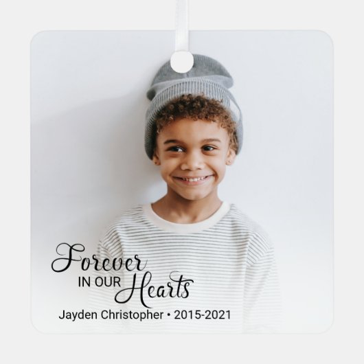 Herdenkingsfoto voor altijd in ons hart metalen ornament (Voorkant)
