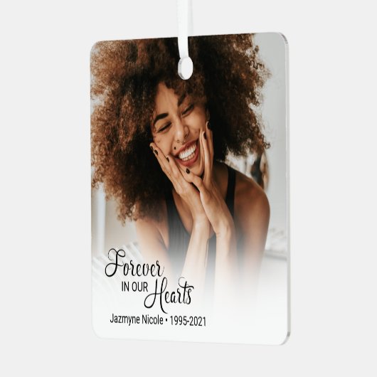 Herdenkingsfoto voor altijd in ons hart metalen ornament (Voorkant links)