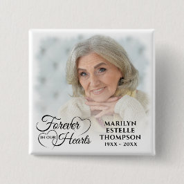 Herdenkingsfoto voor altijd in ons hart vierkante button 5,1 cm