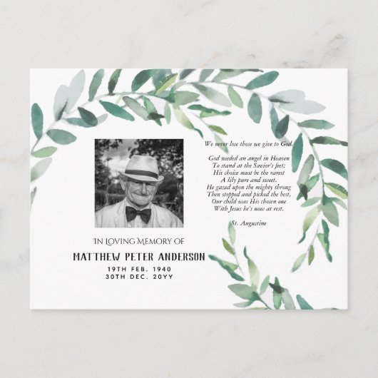 Herdenkingsfotokaart met gedicht Groene Bladeren Briefkaart (Voorkant)