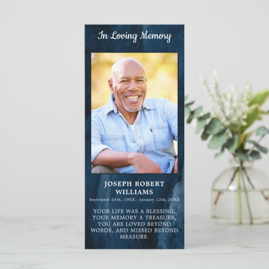 Herdenkingskaartje met foto voor overledene, blauw (Staand voorkant)