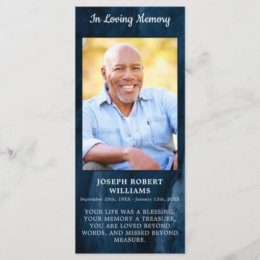 Herdenkingskaartje met foto voor overledene, blauw (Voorkant)