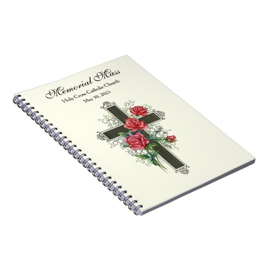 Herdenkingsmis met kruis en rode rozen notitieboek (Rechterzijde)