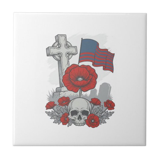 Herdenkingspop Flag Kruis Vintage Gravure Vector Tegeltje (Voorkant)
