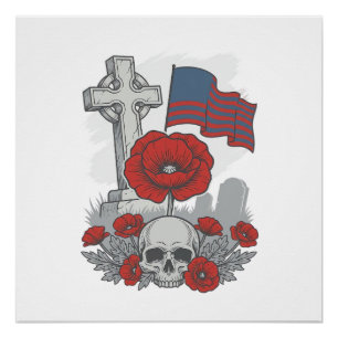 Herdenkingspopulierenvlag Kruis Vintage Gravure Ve Perfect Poster