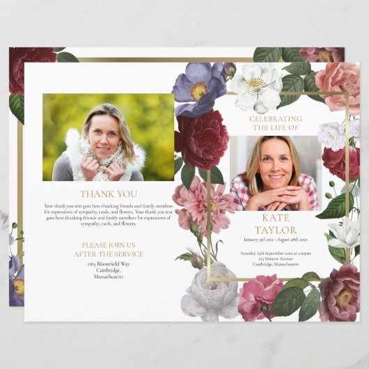 Herdenkingsprogramma voor rouwbloemen (Voorkant / Achterkant)