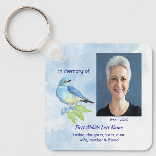Herdenkingssouvenir Blauwe Vogel Tuinvogel Sleutelhanger (Voorkant)