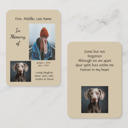 Herdenkingszak Keepsake Weimaraner Dog Visitekaartje (Voorkant / Achterkant)