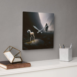 Herder die een verloren lam vindt vierkante klok