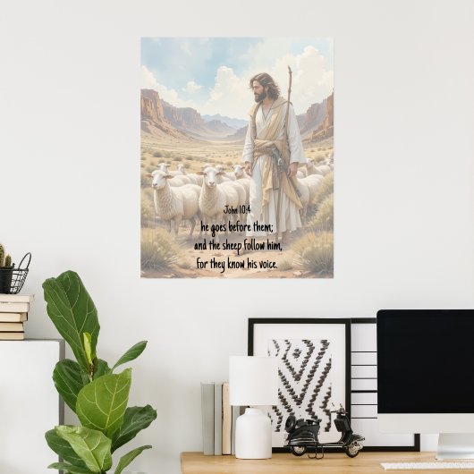 Herder gaat voor hen Bijbel Schrift Poster (Thuiskantoor)