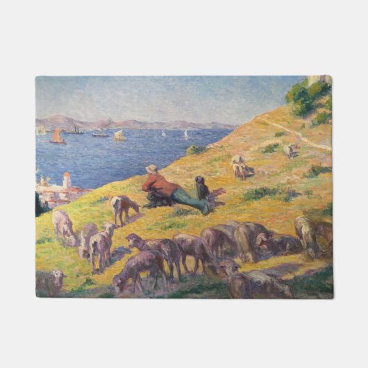 Herder met zijn schapen kijken naar het Zee Deurmat (Voorkant)