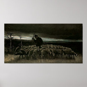 Herder, Troep van Sheep Van Gogh Fine Art. Poster