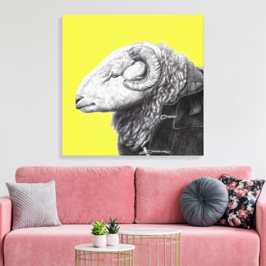 Herdwick Ram in Duffel Coat (Retro Geel) Canvas Afdruk (Insitu (Woonkamer))