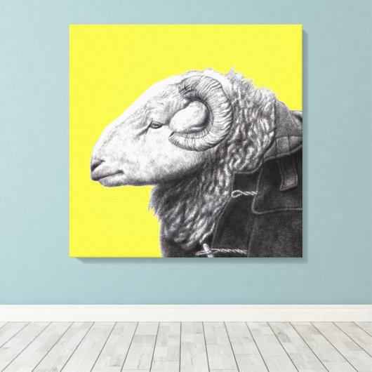 Herdwick Ram in Duffel Coat (Retro Geel) Canvas Afdruk (Insitu (Houten vloer))