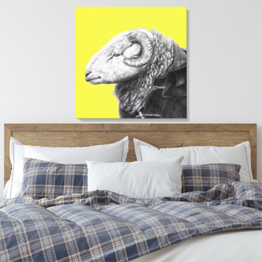 Herdwick Ram in Duffel Coat (Retro Geel) Canvas Afdruk (Insitu (Slaapkamer))