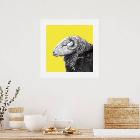 Herdwick Ram in Duffel Coat (Retro Geel) Poster (Keuken)