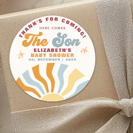 Here come the son - Funny Retro Style  Baby Shower Ronde Sticker